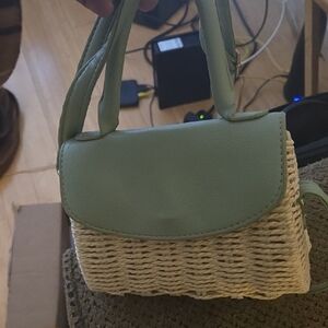Green and Beige Woven Handbag